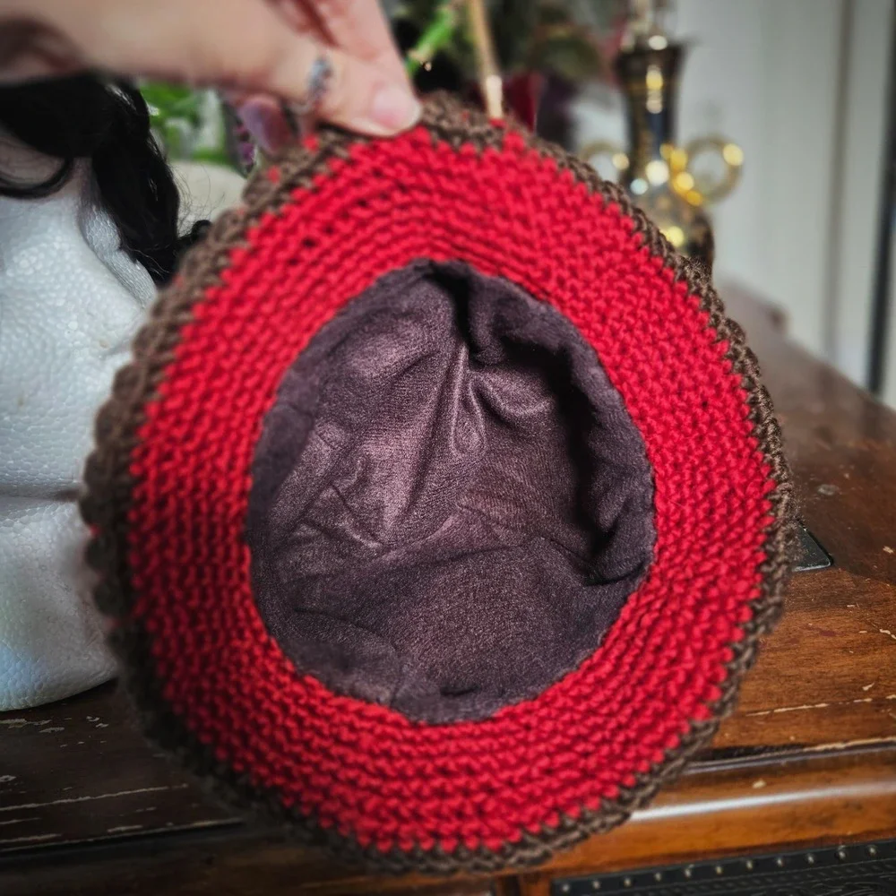 Handmade Red Knit Crochet Cloche‎ Hat Floral Pearl Accent Bucket Hat
